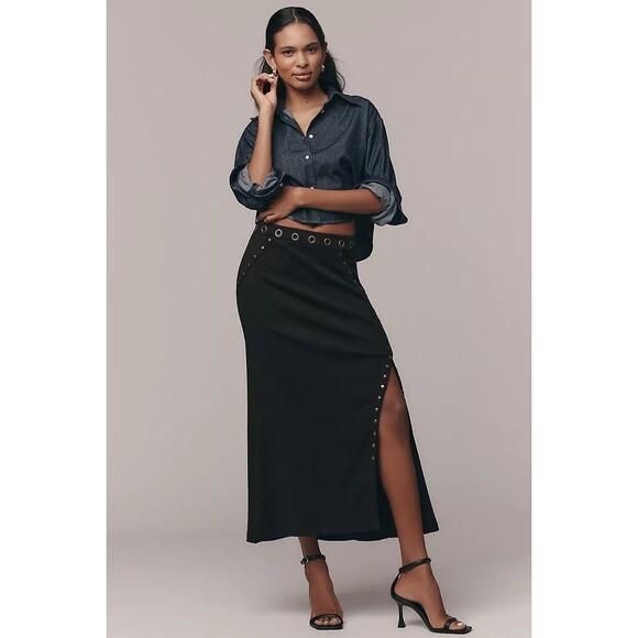 By Anthropologie Hardware Side-Slit Column Midi Skirt Studded Black 2X PS 283781 - Picture 2 of 13